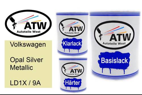 Volkswagen, Opal Silver Metallic, LD1X / 9A: 1L Lackdose + 1L Klarlack + 500ml Härter - Set, von ATW Autoteile West.